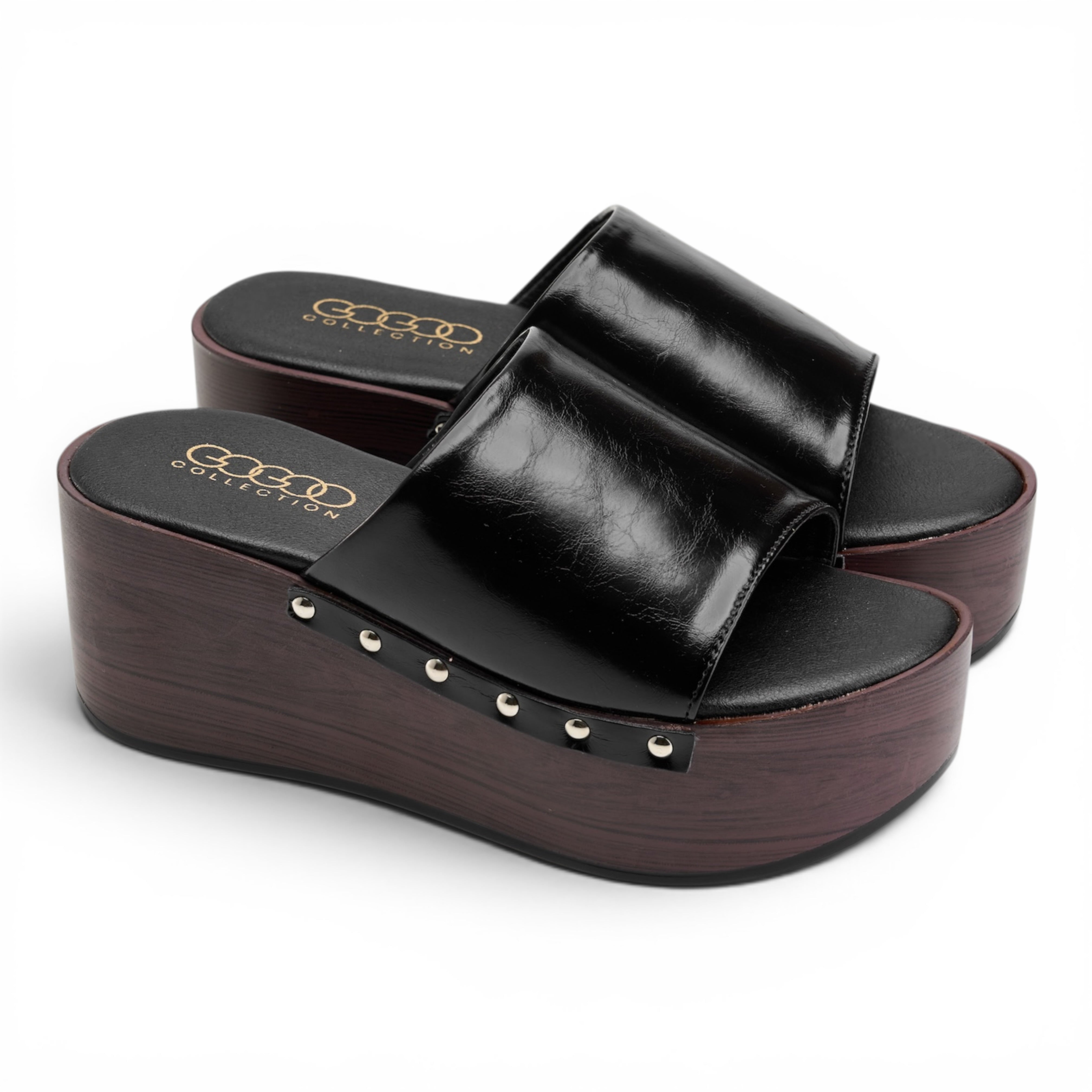 Wooden Platform Slide Sandals - Black