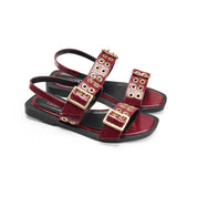 Multi-Strap Grommet Flat Sandals - Maroon