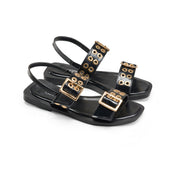 Multi-Strap Grommet Flat Sandals - black