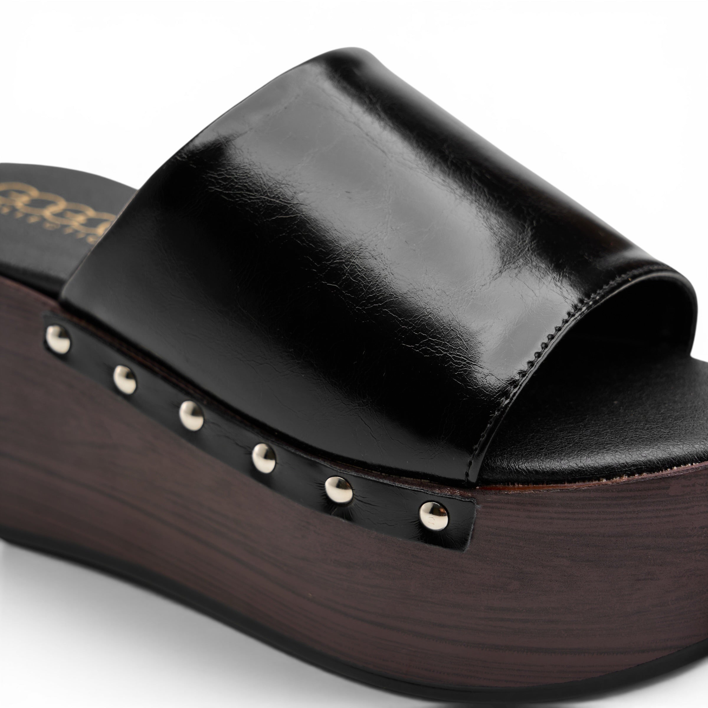 Wooden Platform Slide Sandals - Black