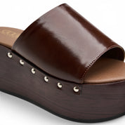 Wooden Platform Slide Sandals - Brown