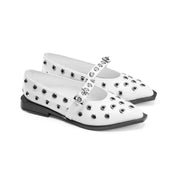Studded Strap Pointed Toe Flats - White