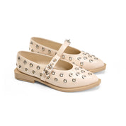 Studded Strap Pointed Toe Flats - Beige