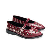 Studded Strap Pointed Toe Flats - Maroon