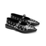 Studded Strap Pointed Toe Flats - Black