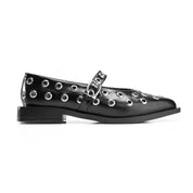 Studded Strap Pointed Toe Flats - Black