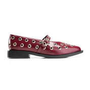Studded Strap Pointed Toe Flats - Maroon