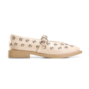 Studded Strap Pointed Toe Flats - Beige