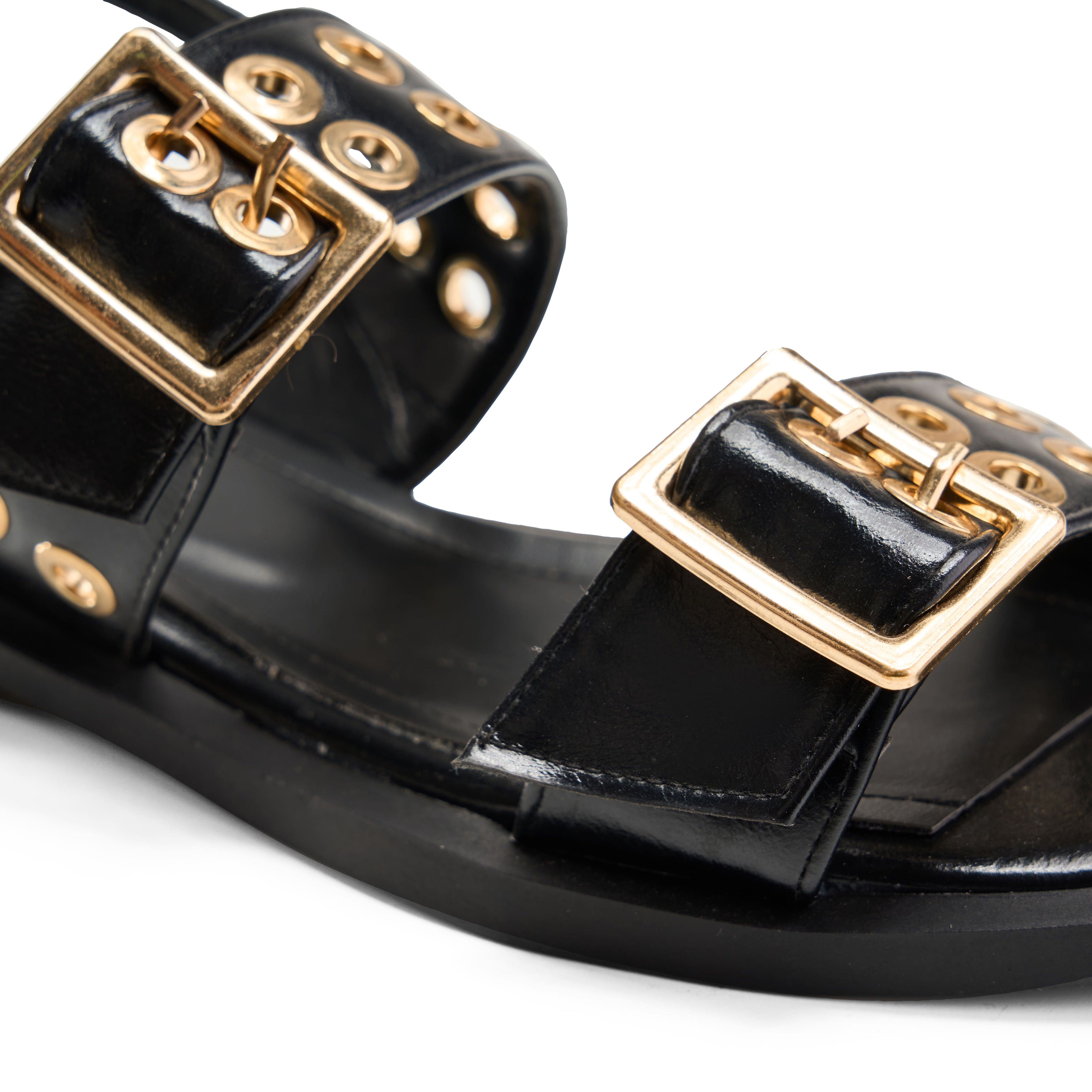 Multi-Strap Grommet Flat Sandals - black
