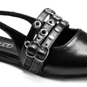 Multi-Strap Grommet Slingback Flats - Black