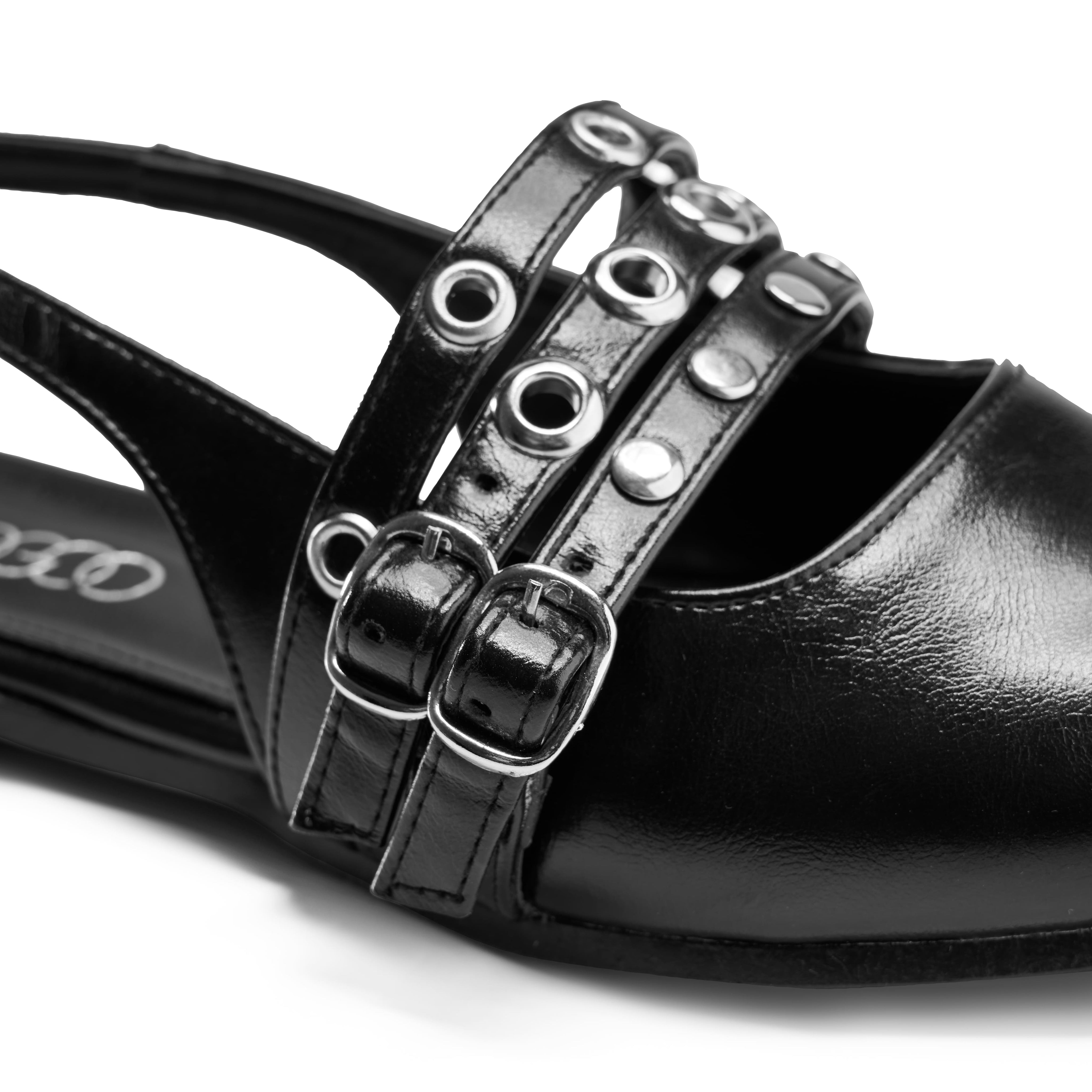 Multi-Strap Grommet Slingback Flats - Black