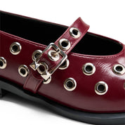 Studded Strap Pointed Toe Flats - Maroon