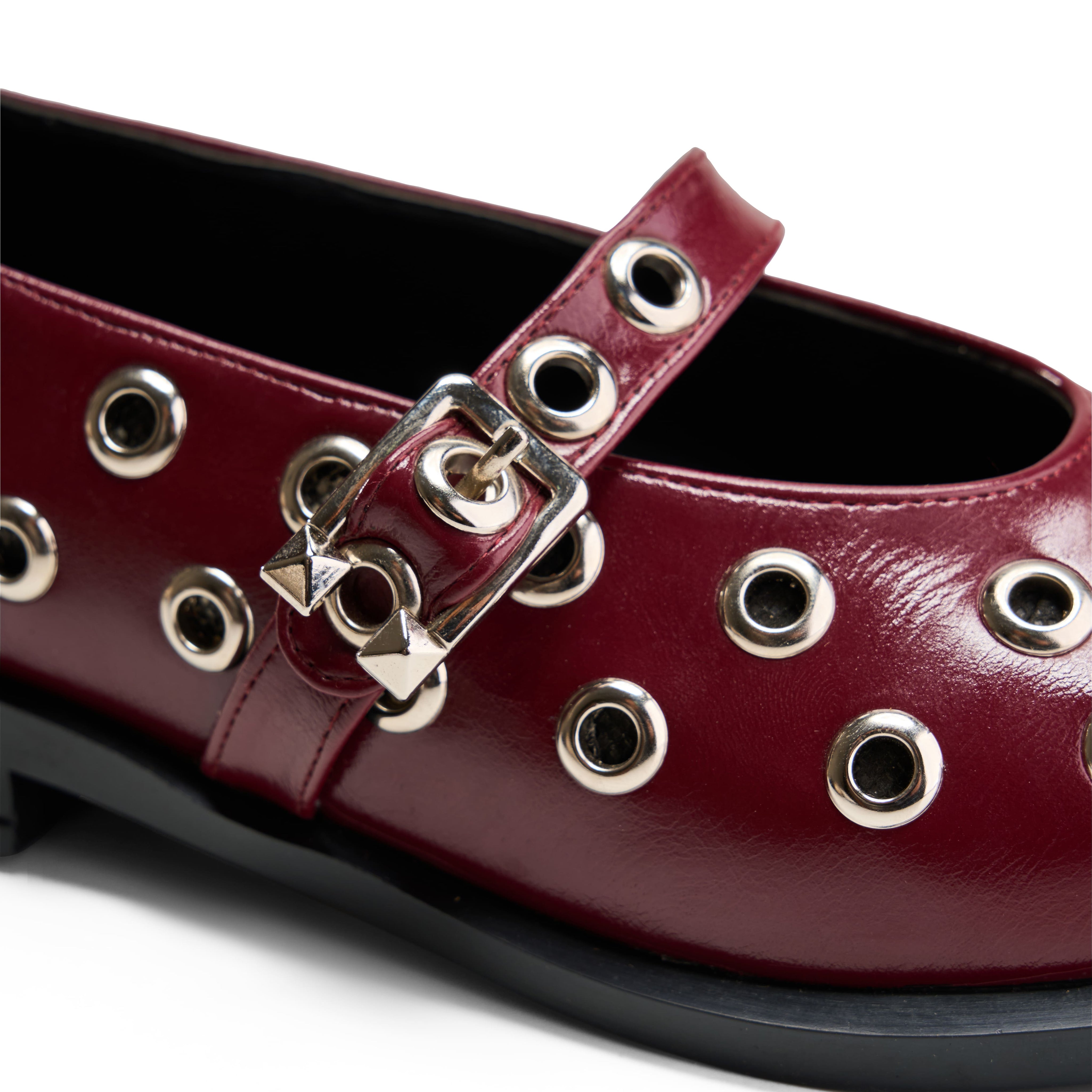 Studded Strap Pointed Toe Flats - Maroon