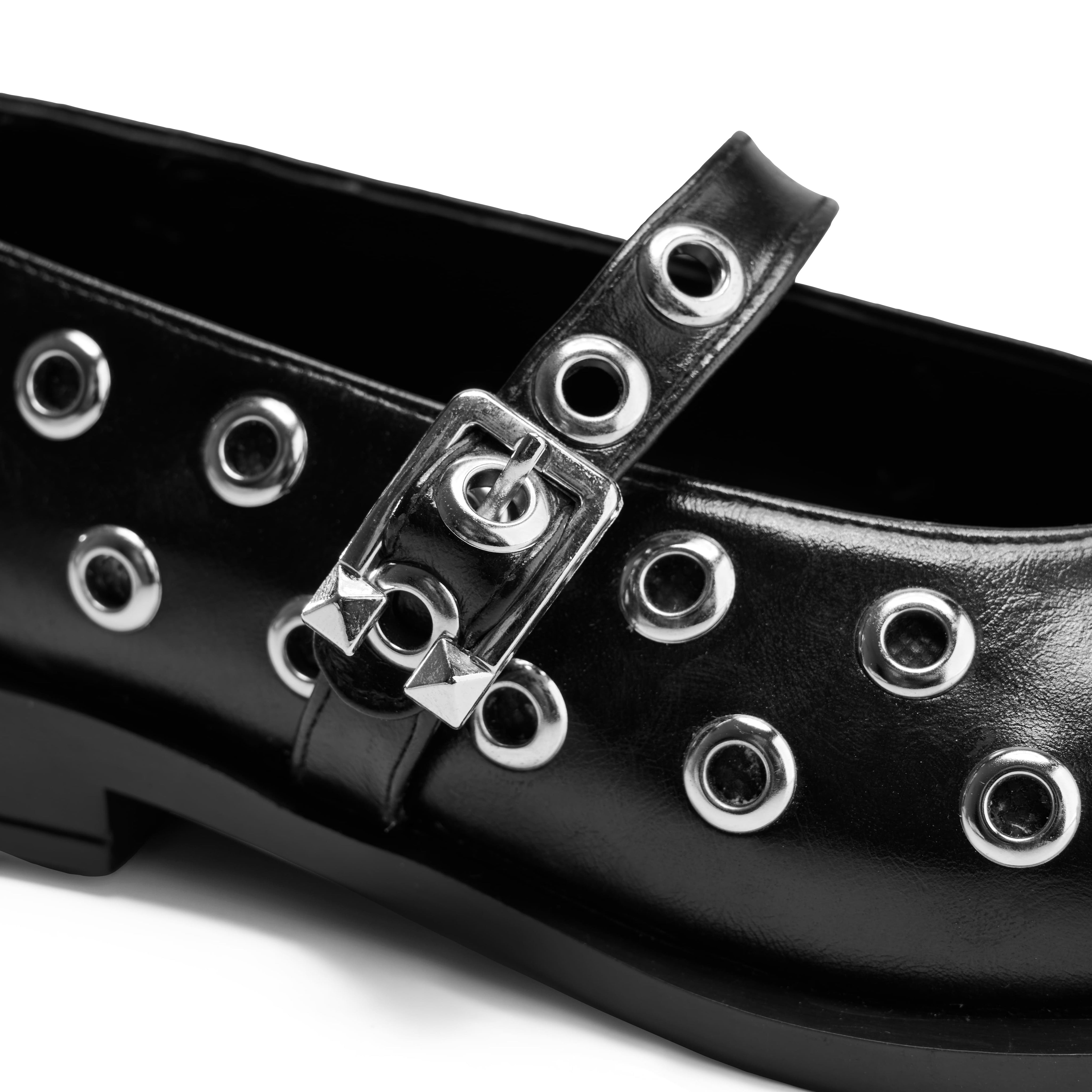 Studded Strap Pointed Toe Flats - Black