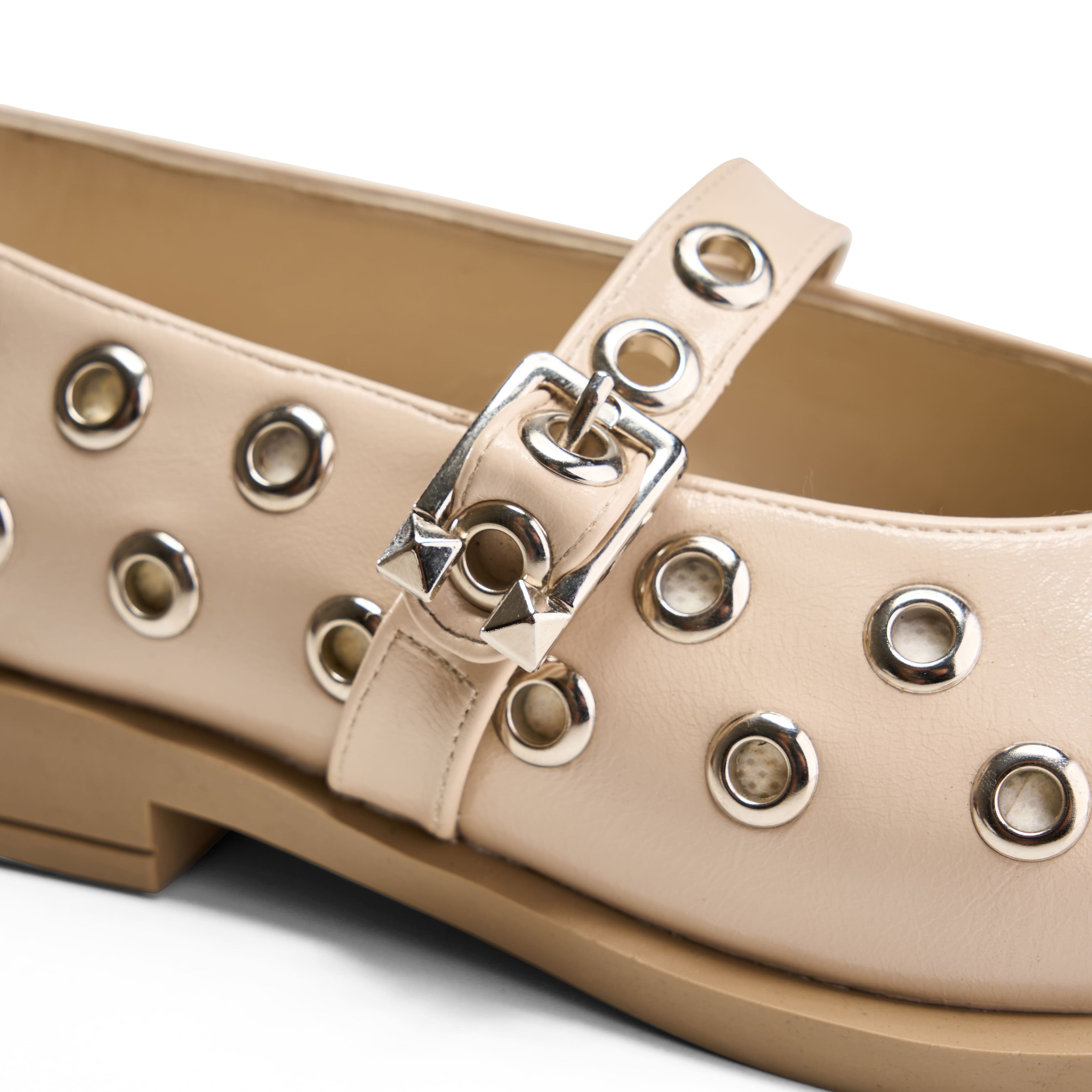 Studded Strap Pointed Toe Flats - Beige