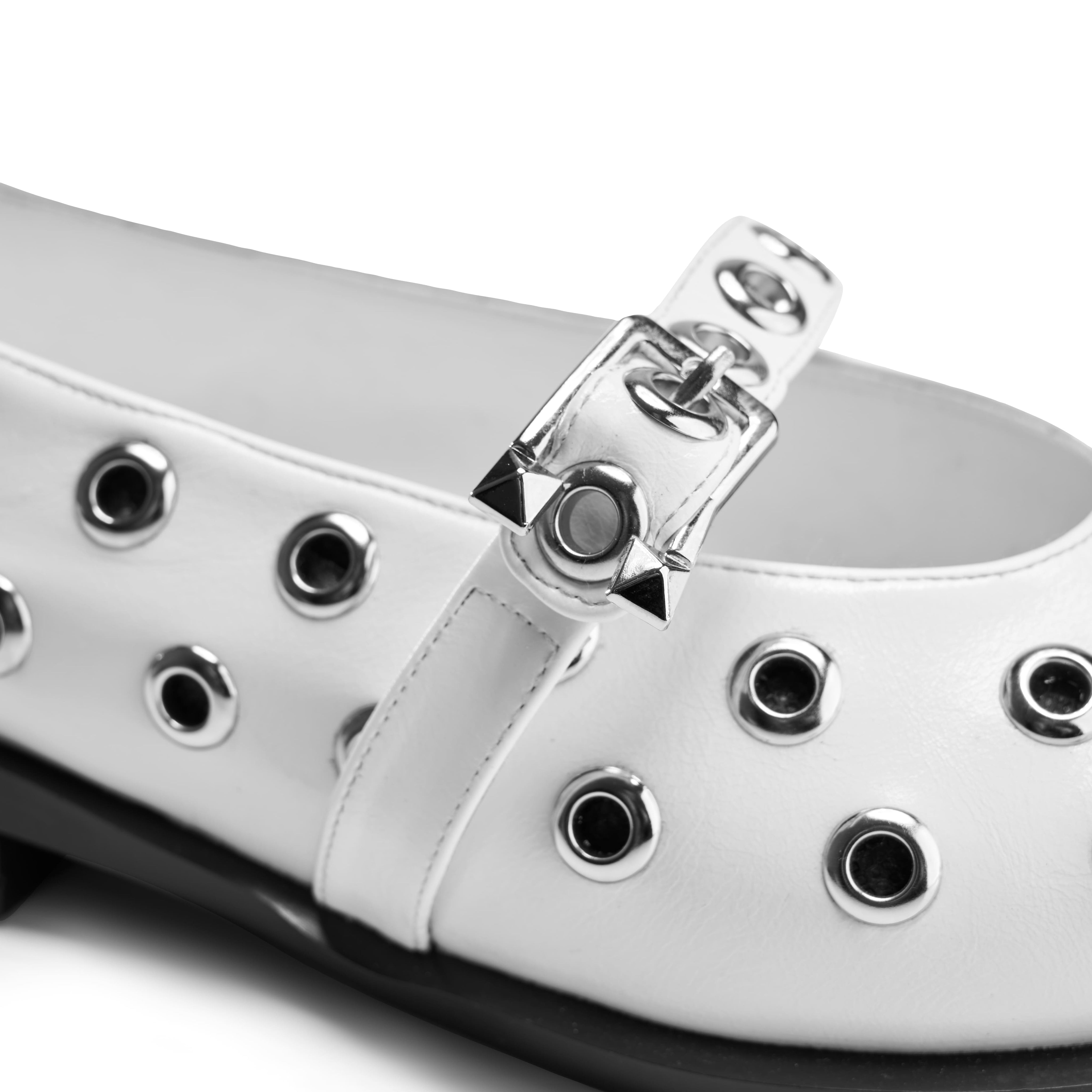 Studded Strap Pointed Toe Flats - White
