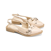 Cross-Strap Grommet Detail Slingback Flats - Beige