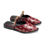 Chain Trim Perforated Mules - Maroon