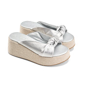 Two-Strap Textured Flatform Heels - Silver