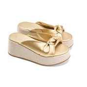 Two-Strap Textured Flatform Heels - Gold