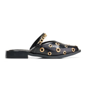 Chain Trim Perforated Mules - Black