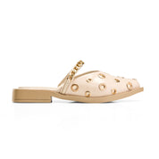 Chain Trim Perforated Mules - Beige