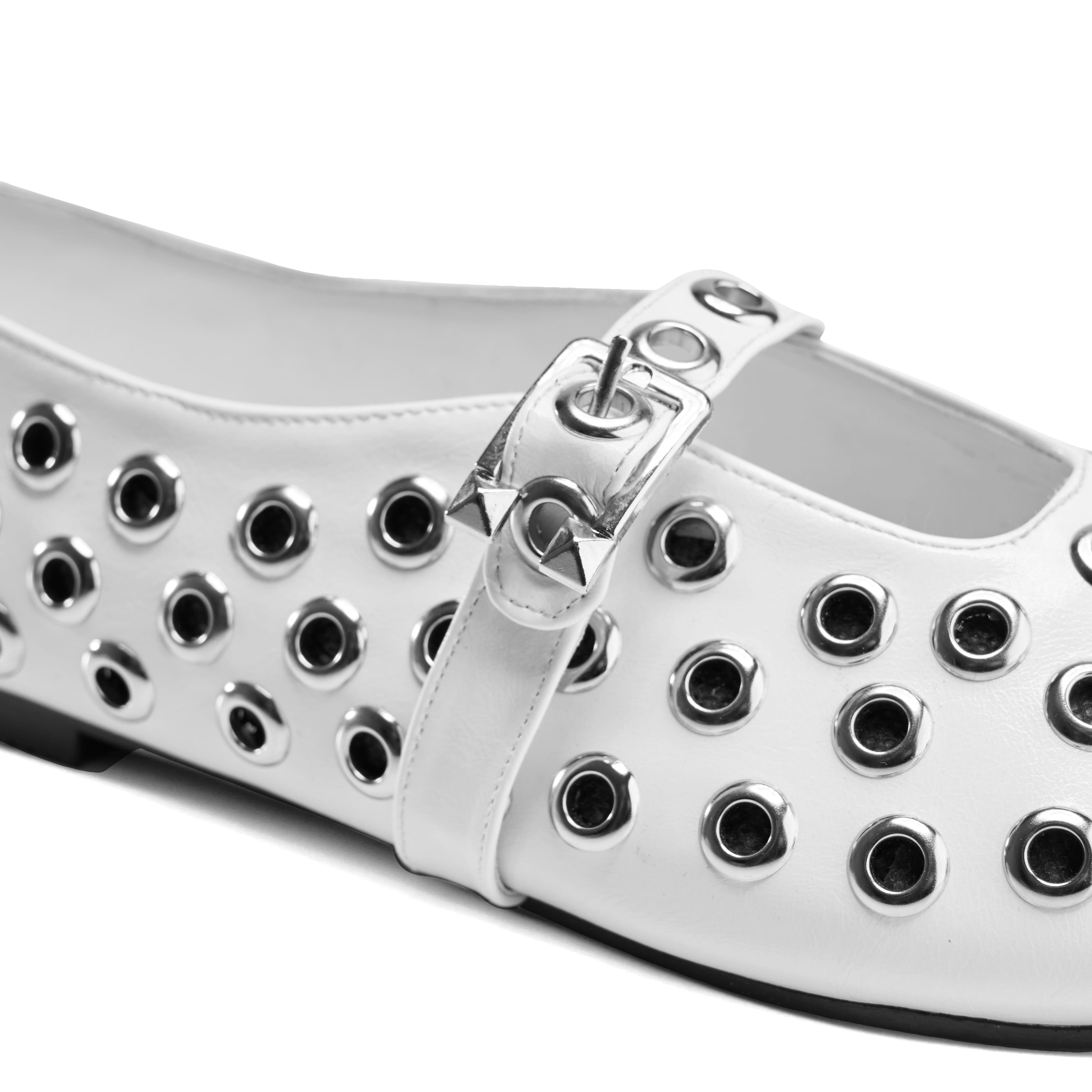 Geometric Eyelet Ballet Flats - White