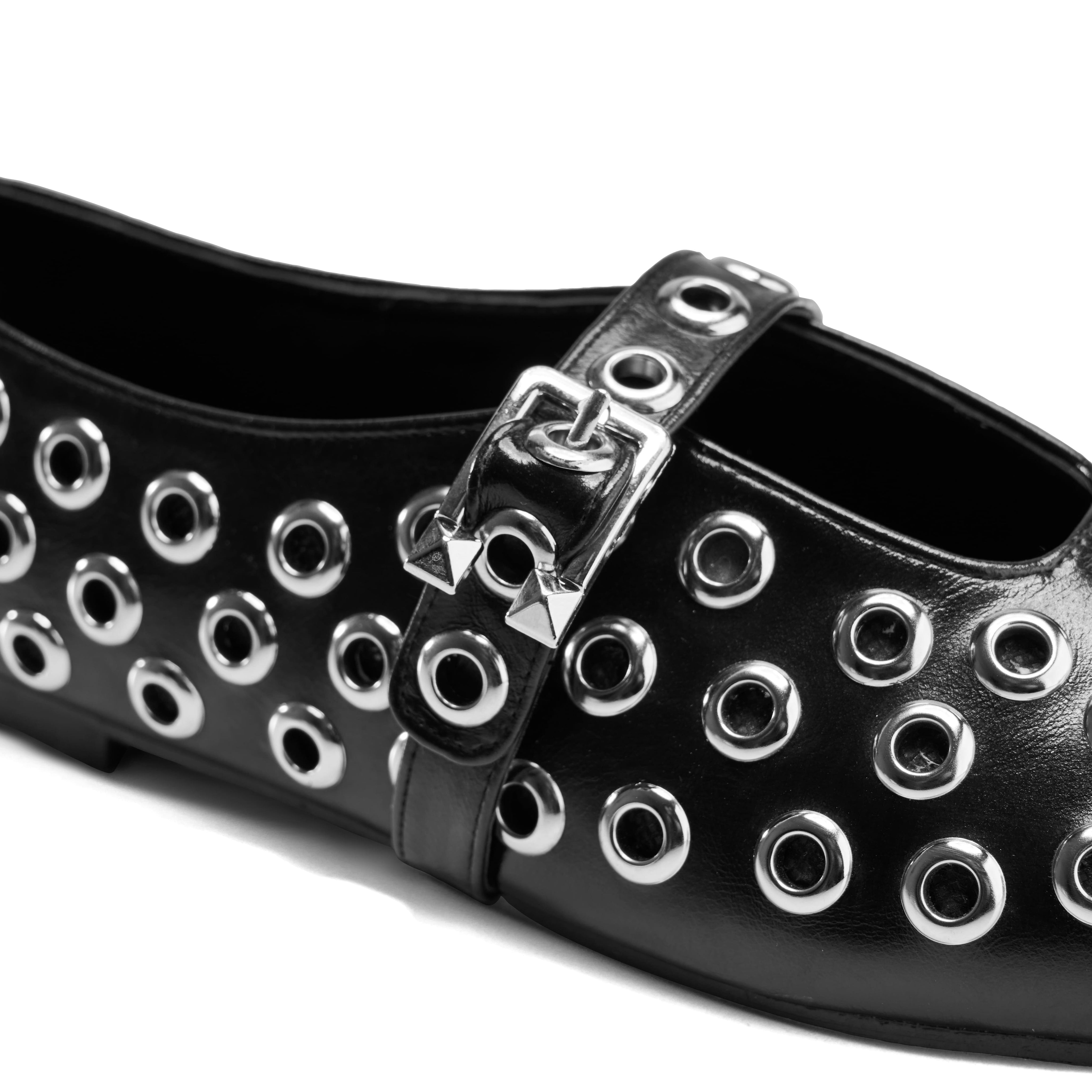 Geometric Eyelet Ballet Flats - Black