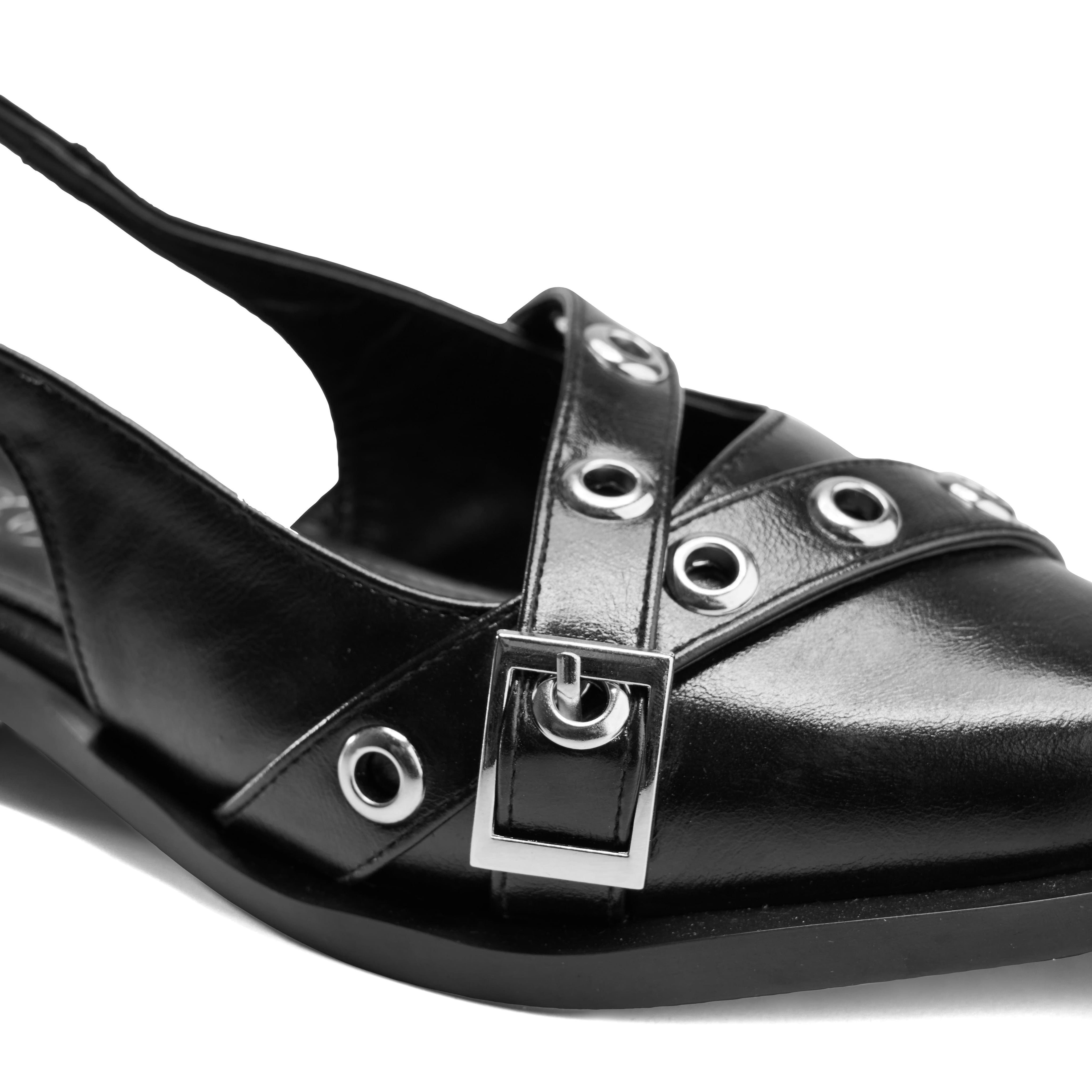 Cross-Strap Grommet Detail Slingback Flats - Black