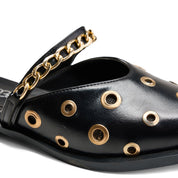 Chain Trim Perforated Mules - Black