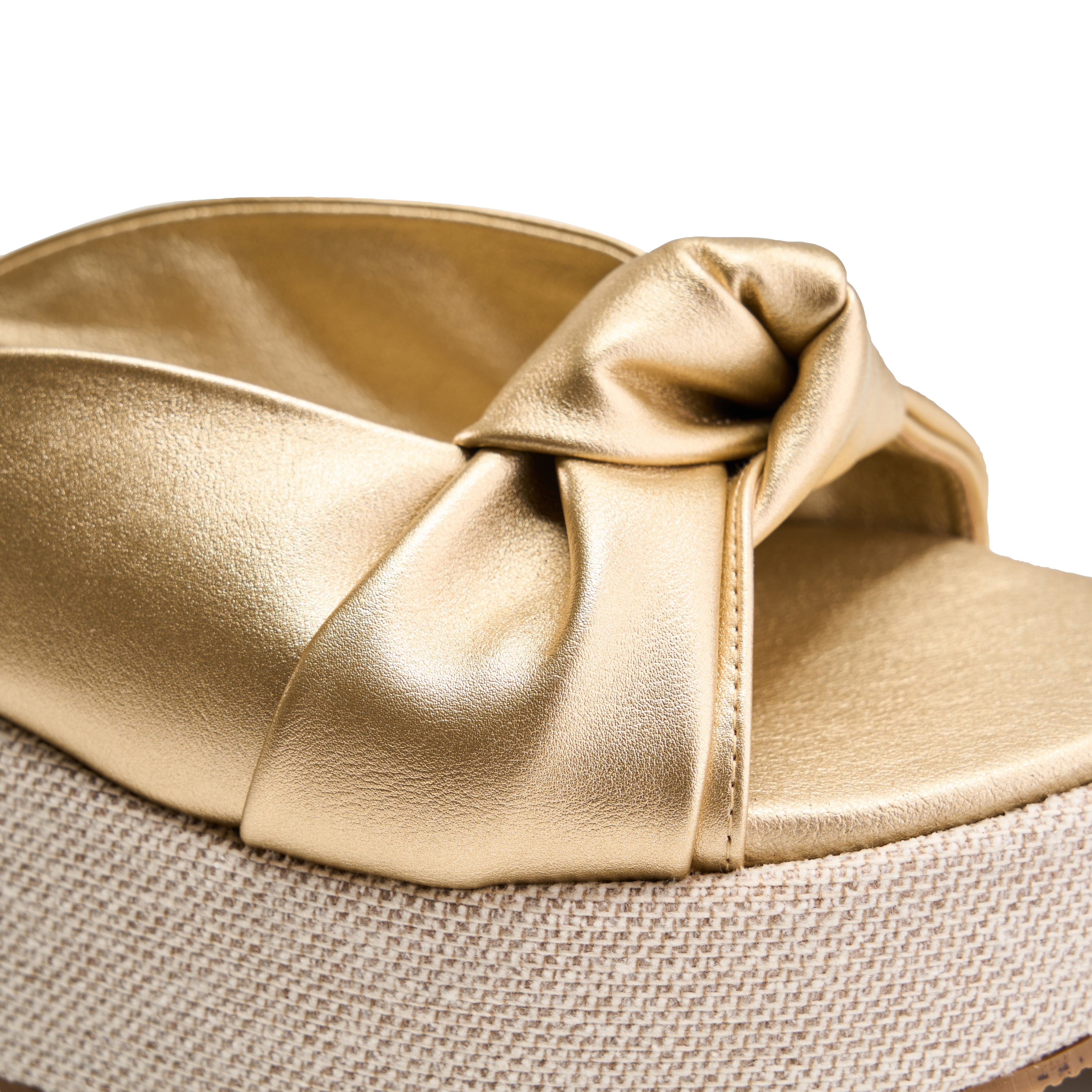 Two-Strap Textured Flatform Heels - Gold