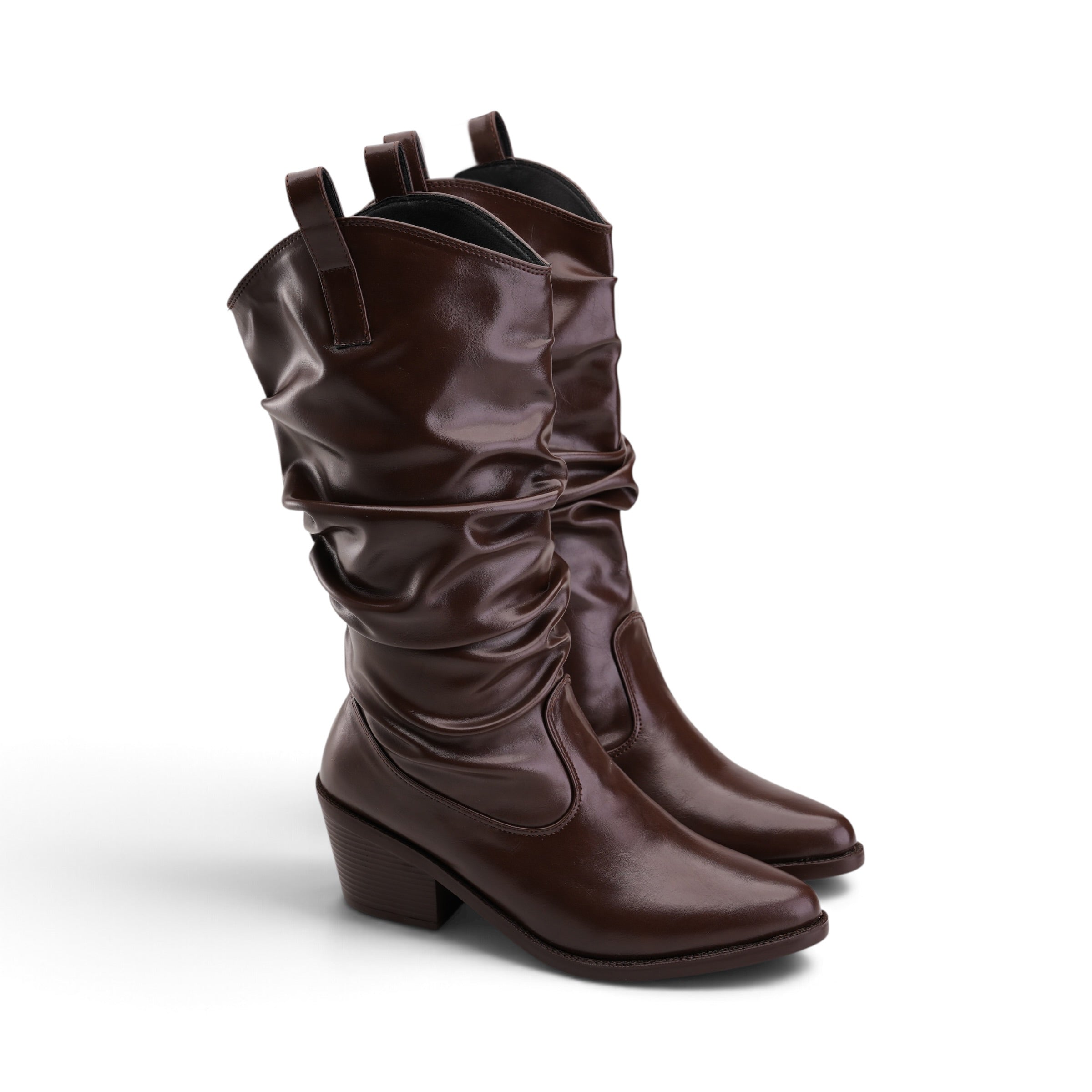 Slouchy Western Mid-Calf Boots - Brown