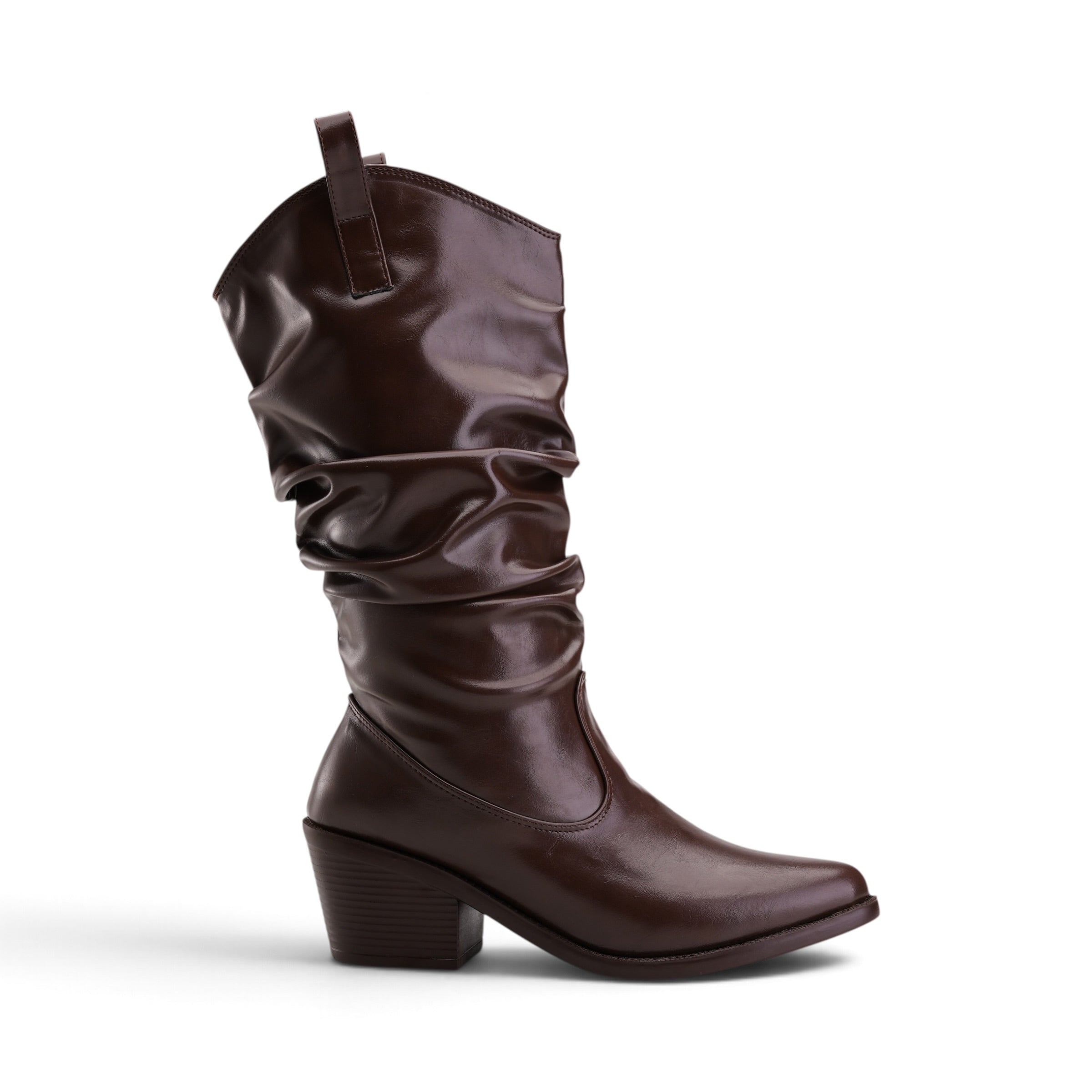 Slouchy Western Mid-Calf Boots - Brown