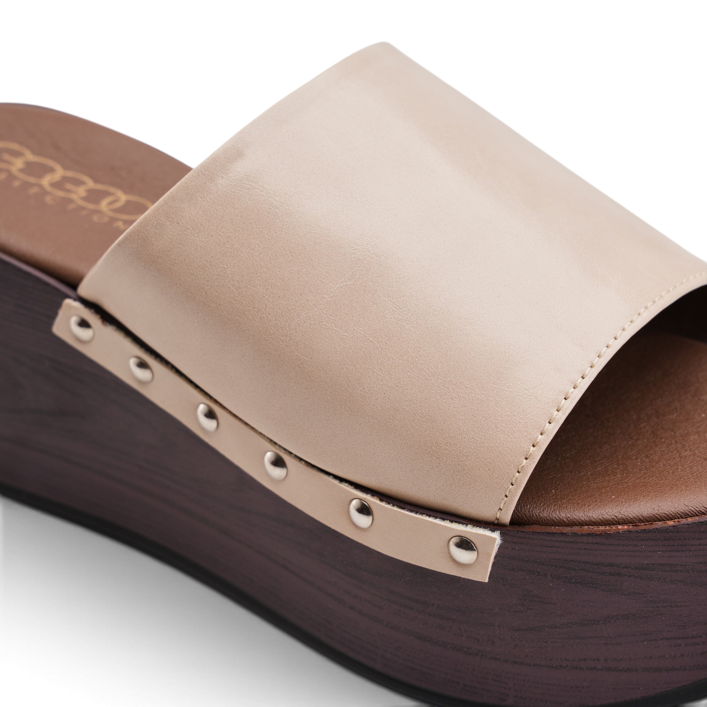Wooden Platform Slide Sandals - Beige