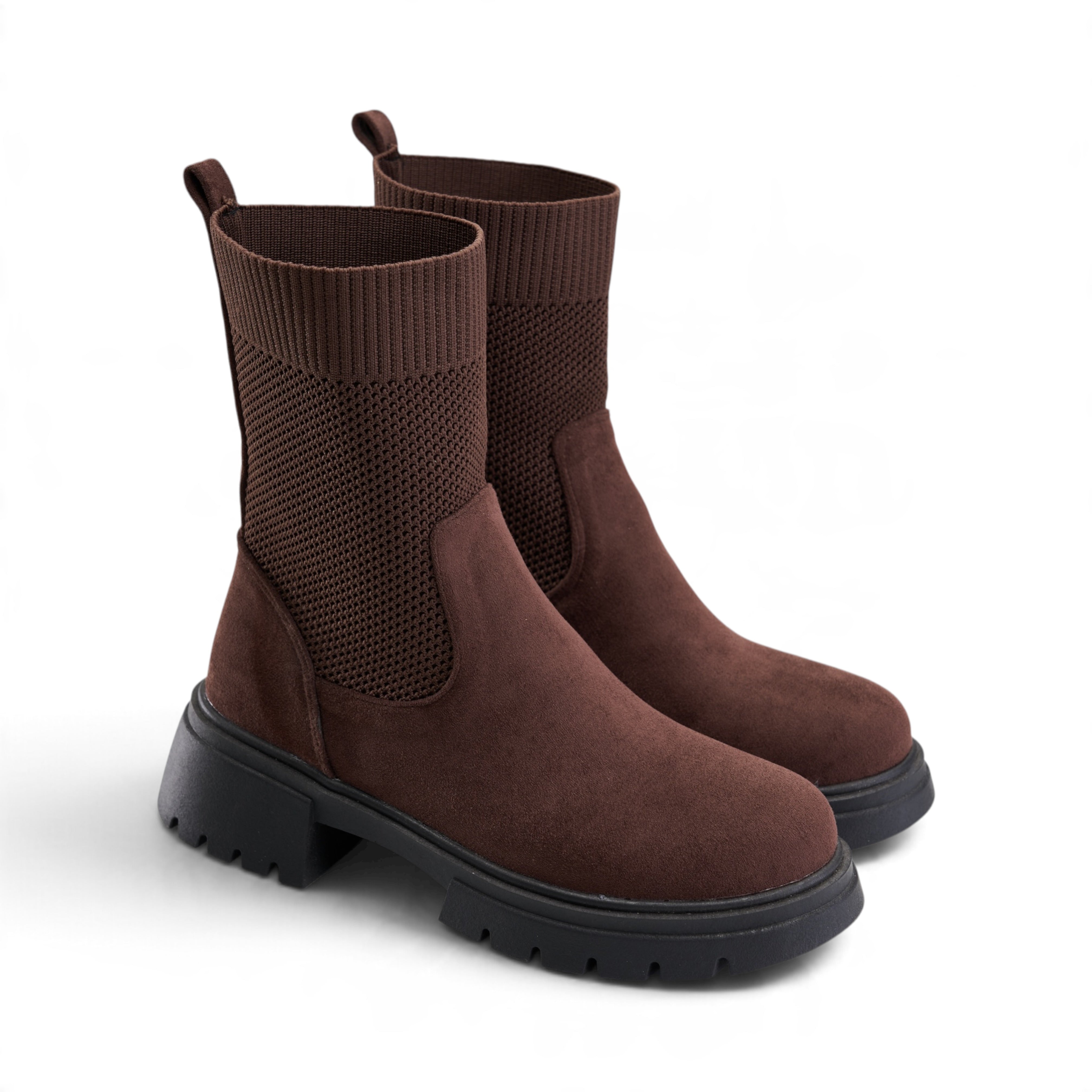 Ribbed Knit Chunky Boots - Brown