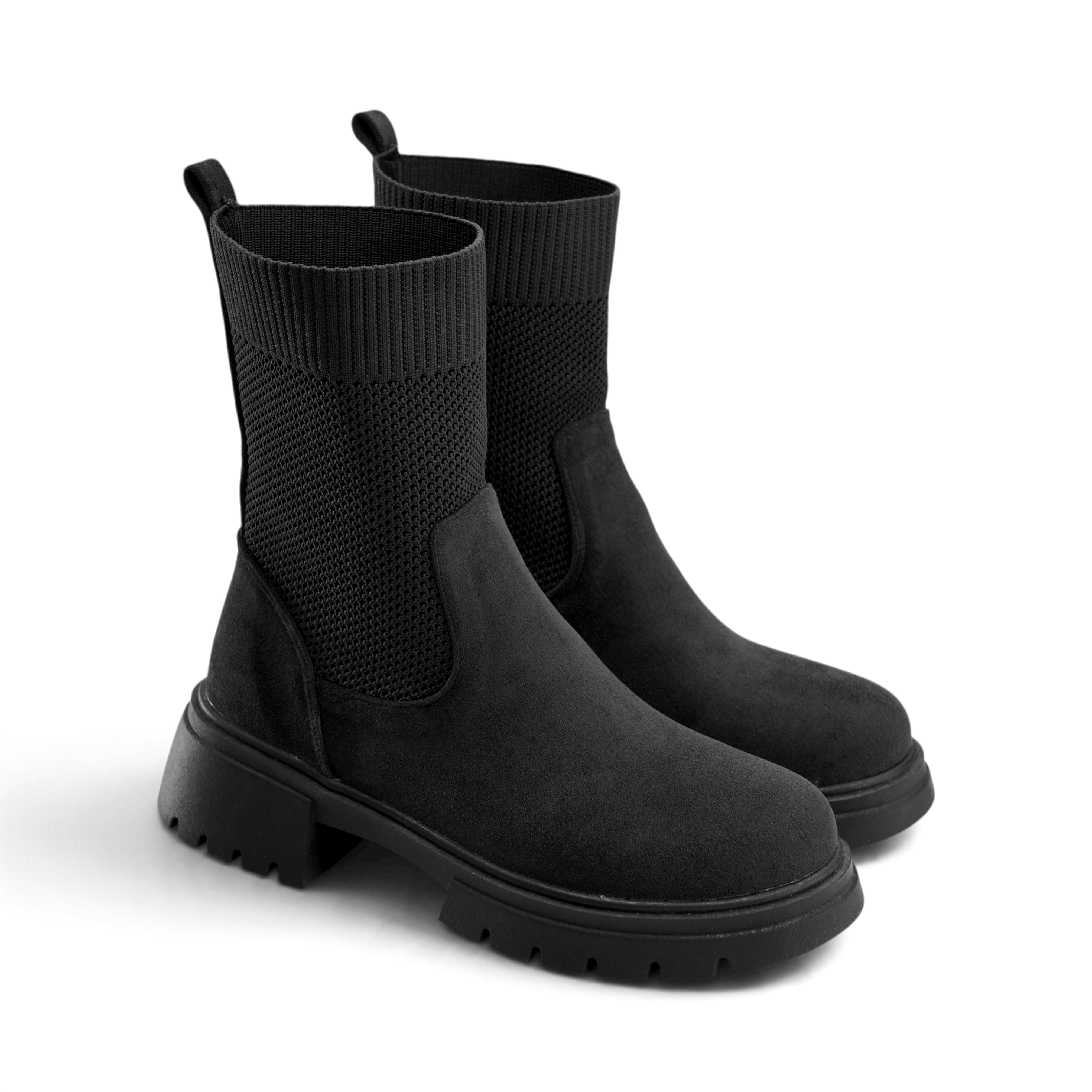 Ribbed Knit Chunky Boots - Black