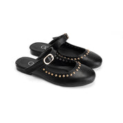 Strap Detail Studded Mules - Black