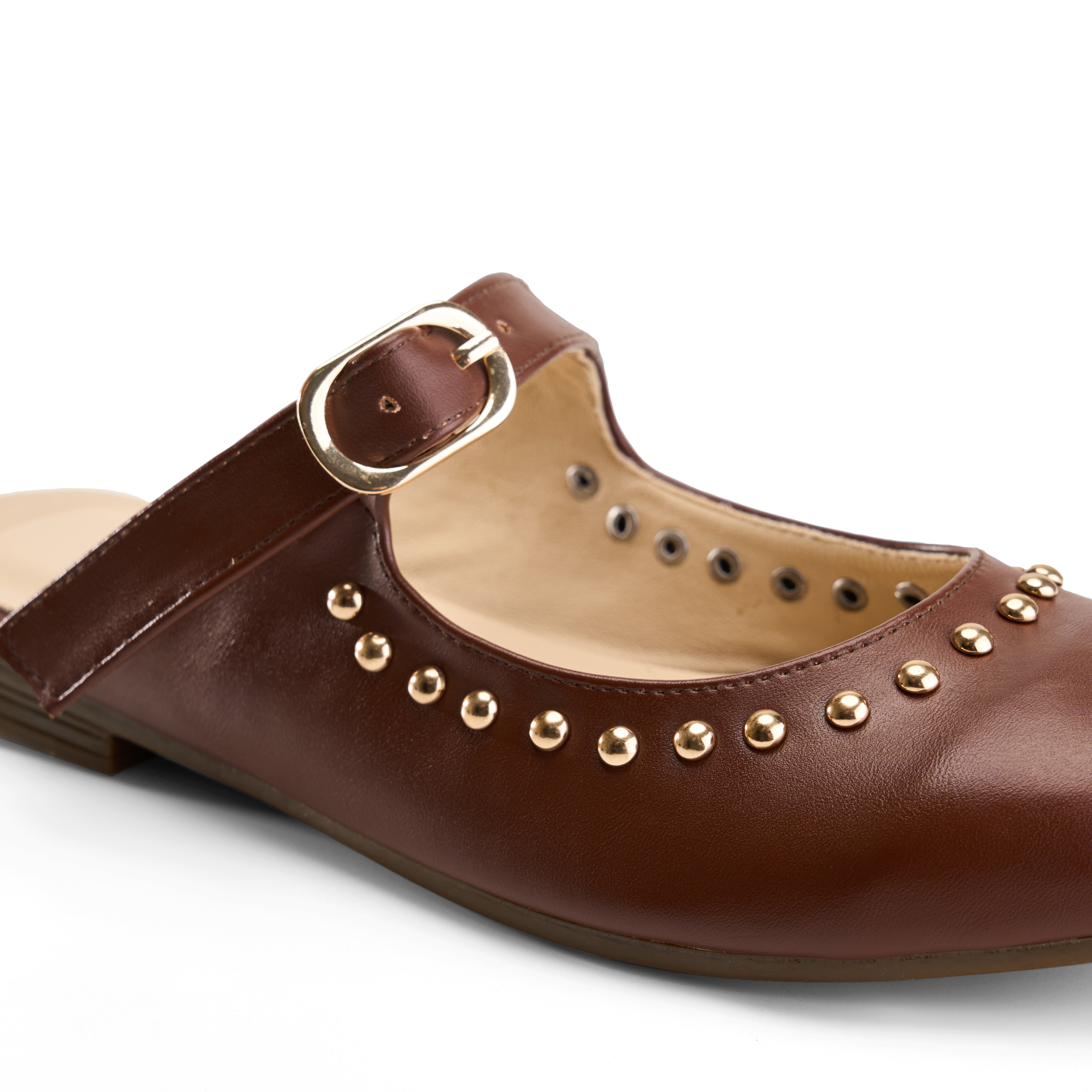 Strap Detail Studded Mules - Brown