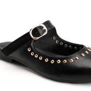 Strap Detail Studded Mules - Black