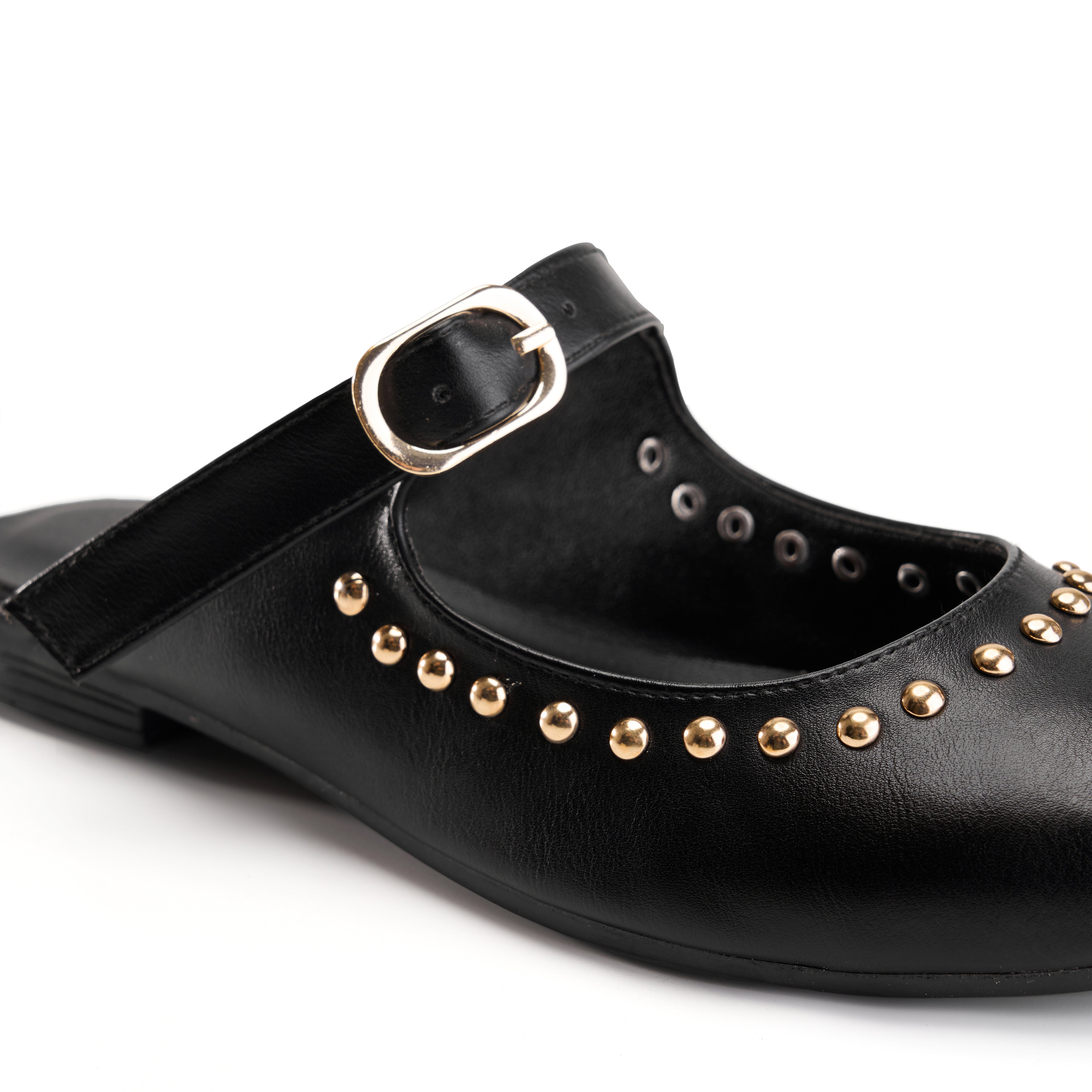 Strap Detail Studded Mules - Black