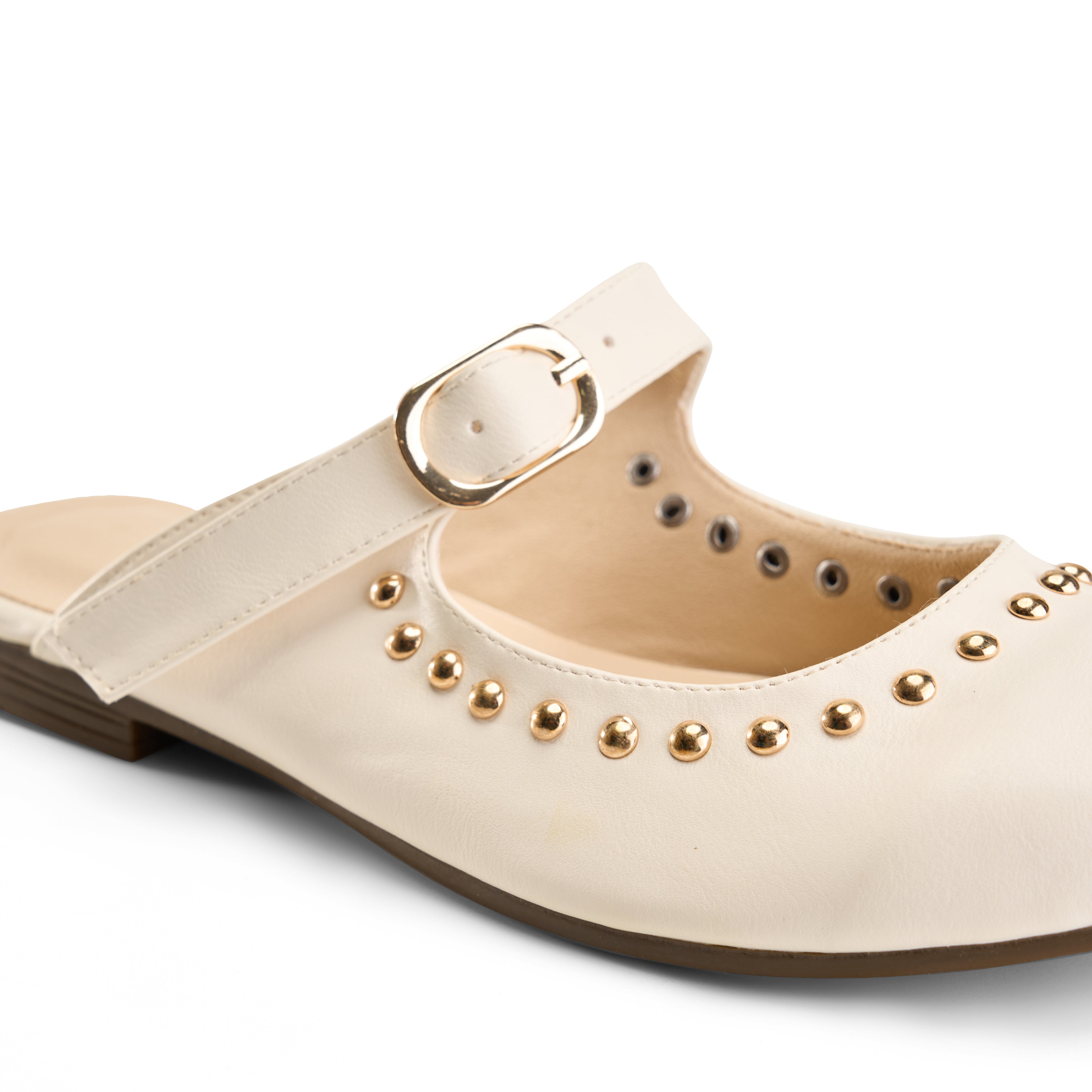 Strap Detail Studded Mules - Beige