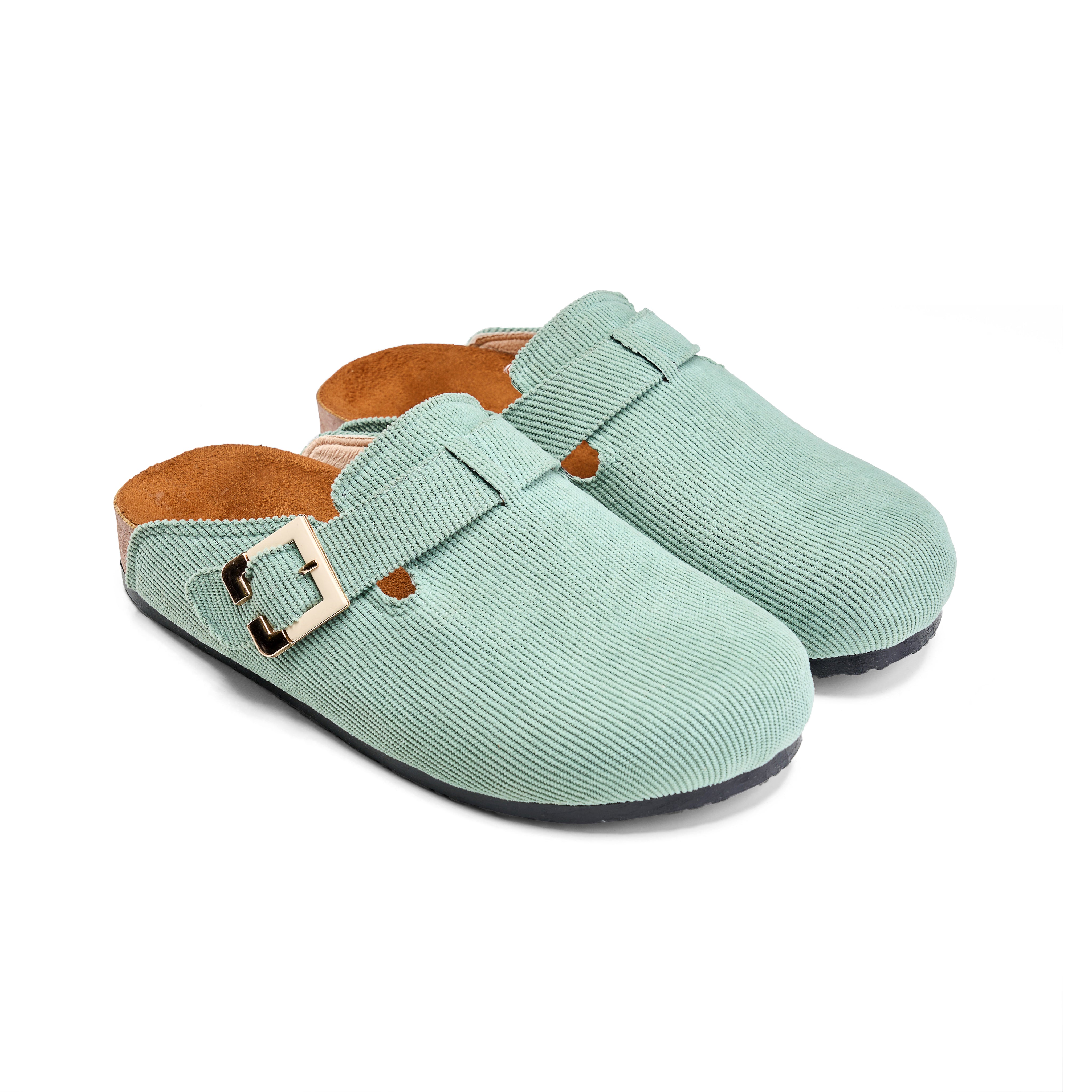 Corduroy Buckle Clogs with Premium Detail - Green
