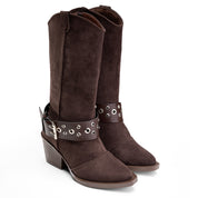 Suede Studded Harness Boot - Brown