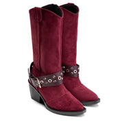 Suede Studded Harness Boot - Maroon