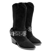 Suede Studded Harness Boot - Black