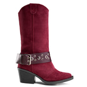 Suede Studded Harness Boot - Maroon
