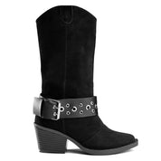 Suede Studded Harness Boot - Black