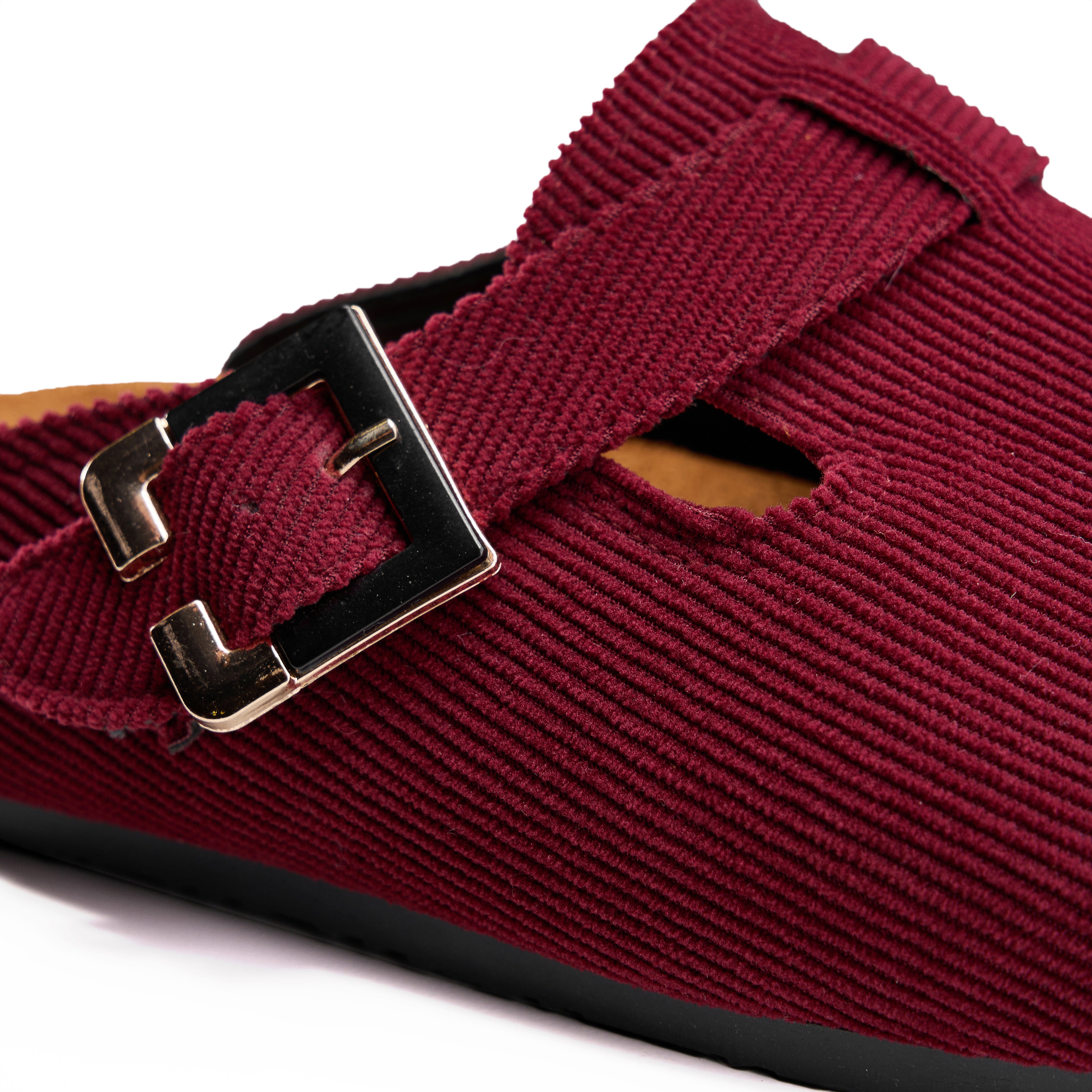 Corduroy Buckle Clogs with Premium Detail - Maroon