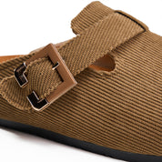 Corduroy Buckle Clogs with Premium Detail - Cafe