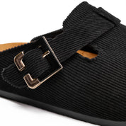 Corduroy Buckle Clogs with Premium Detail - Black